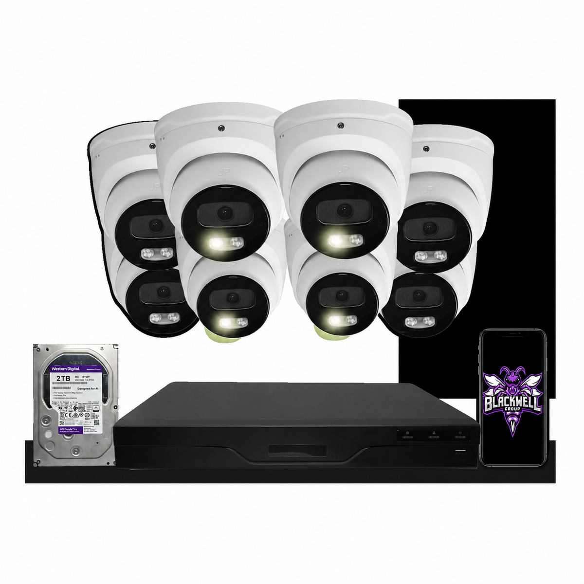 Montavue 8-camera MNT-4-101 4mp smart light turret bundle with 8-channel pro NVR and 1TB hard drive; phone displaying the official BGI logo