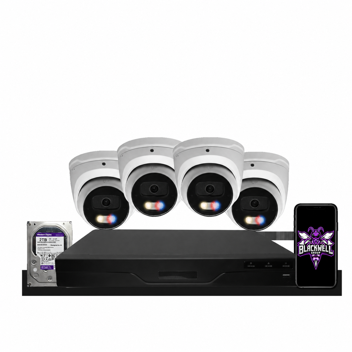 Montavue 4-camera MNT-8-301 8mp active deterrence turret bundle with 8-channel pro NVR and 1TB hard drive; phone displaying the official BGI logo