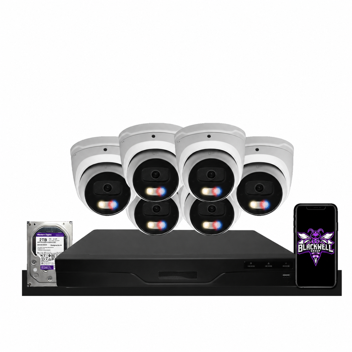 Montavue 6-camera MNT-8-301 8mp active deterrence turret bundle with 8-channel pro NVR and 1TB hard drive; phone displaying the official BGI logo