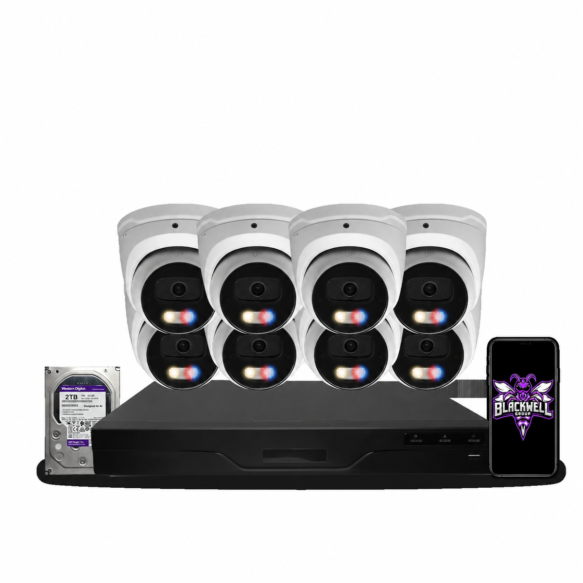Montavue 8-camera MNT-8-301 8mp active deterrence turret bundle with 8-channel pro NVR and 1TB hard drive; phone displaying the official BGI logo