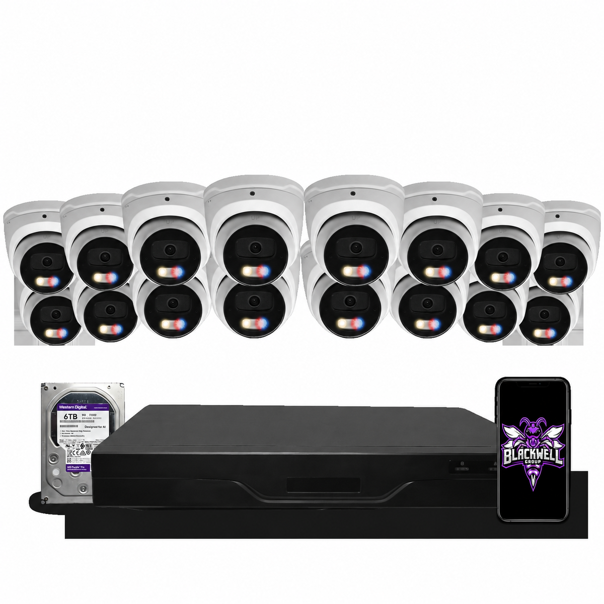 Montavue 16-camera MNT-8-301 8mp active deterrence turret bundle with 32-channel pro NVR and 6TB hard drive; phone displaying the official BGI logo