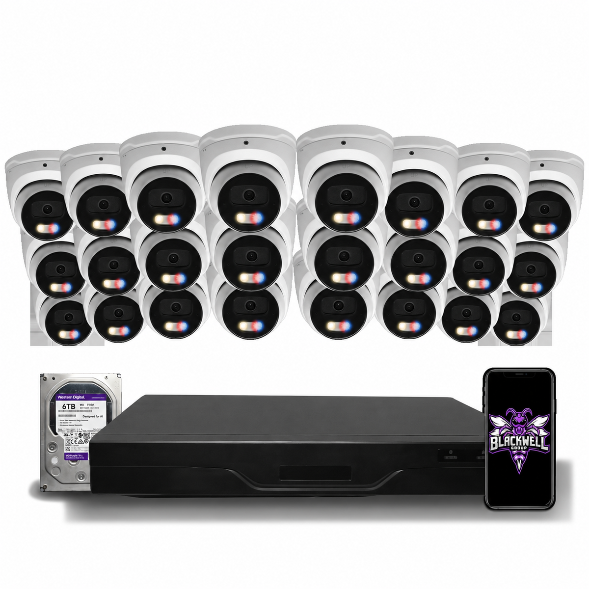 Montavue 24-camera MNT-8-301 8mp active deterrence turret bundle with 32-channel pro NVR and 6TB hard drive; phone displaying the official BGI logo