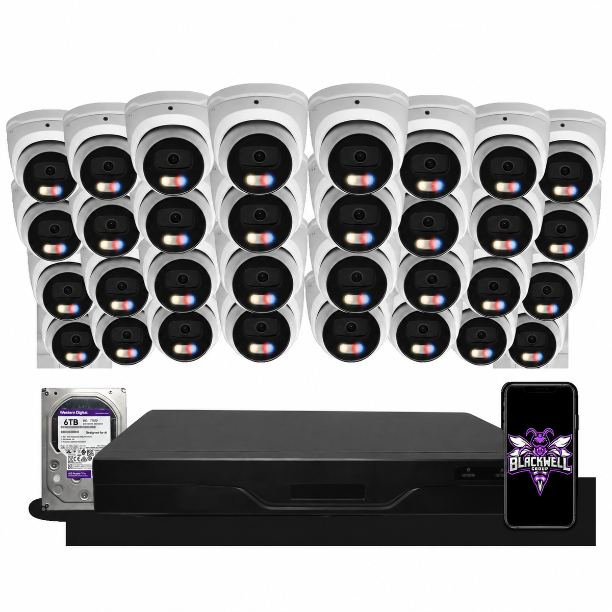 Montavue 32-camera MNT-8-301 8mp active deterrence turret bundle with 32-channel pro NVR and 6TB hard drive; phone displaying the official BGI logo