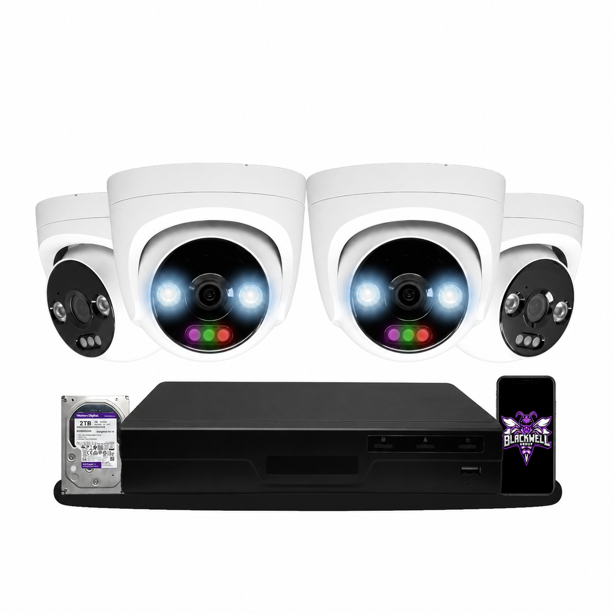Montavue 4-camera MHT-12-101 12mp rgb turret bundle with 8-channel pro NVR and 1TB hard drive; phone displaying the official BGI logo