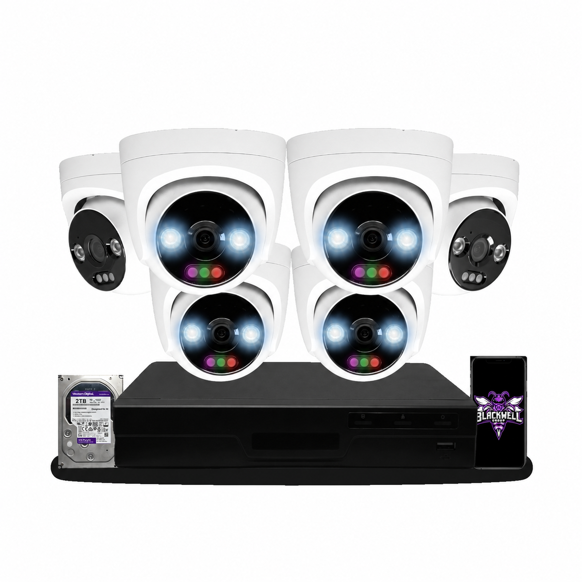 Montavue 6-camera MHT-12-101 12mp rgb turret bundle with 8-channel pro NVR and 1TB hard drive; phone displaying the official BGI logo