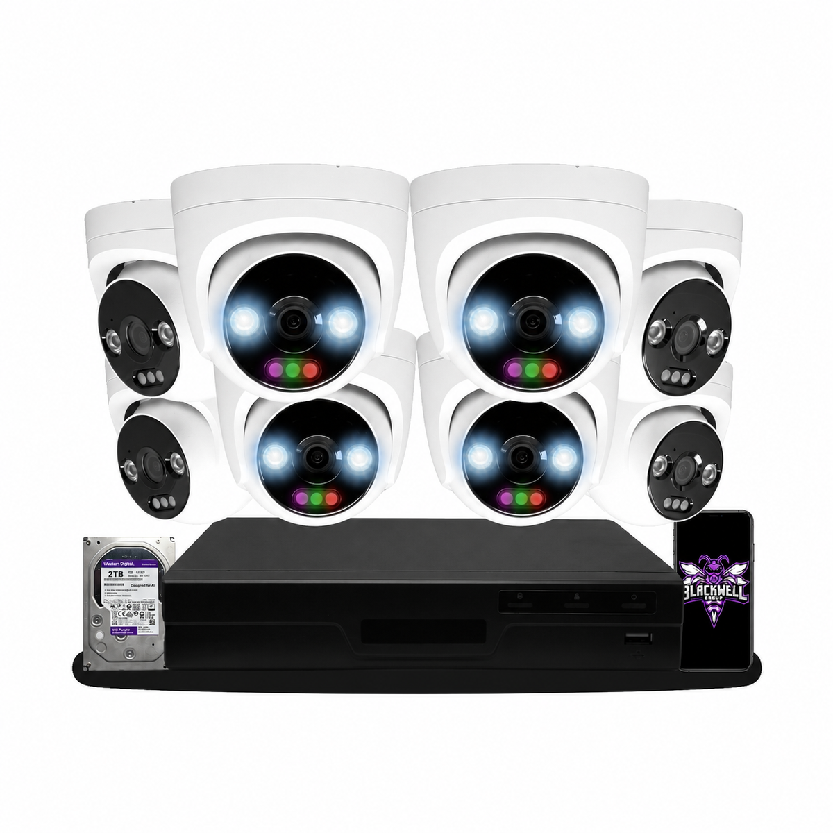 Montavue 8-camera MHT-12-101 12mp rgb turret bundle with 8-channel pro NVR and 1TB hard drive; phone displaying the official BGI logo