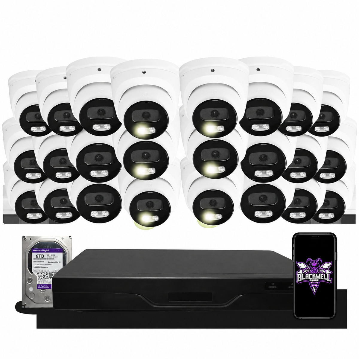 Montavue 24-camera MNT-4-101 4mp smart light turret bundle with 32-channel pro NVR and 6TB hard drive; phone displaying the official BGI logo