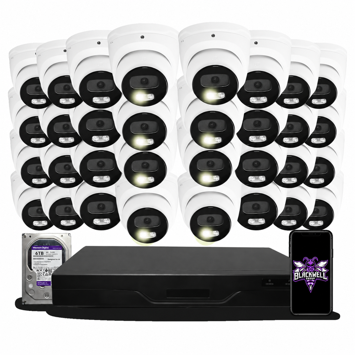 Montavue 32-camera MNT-4-101 4mp smart light turret bundle with 32-channel pro NVR and 6TB hard drive; phone displaying the official BGI logo