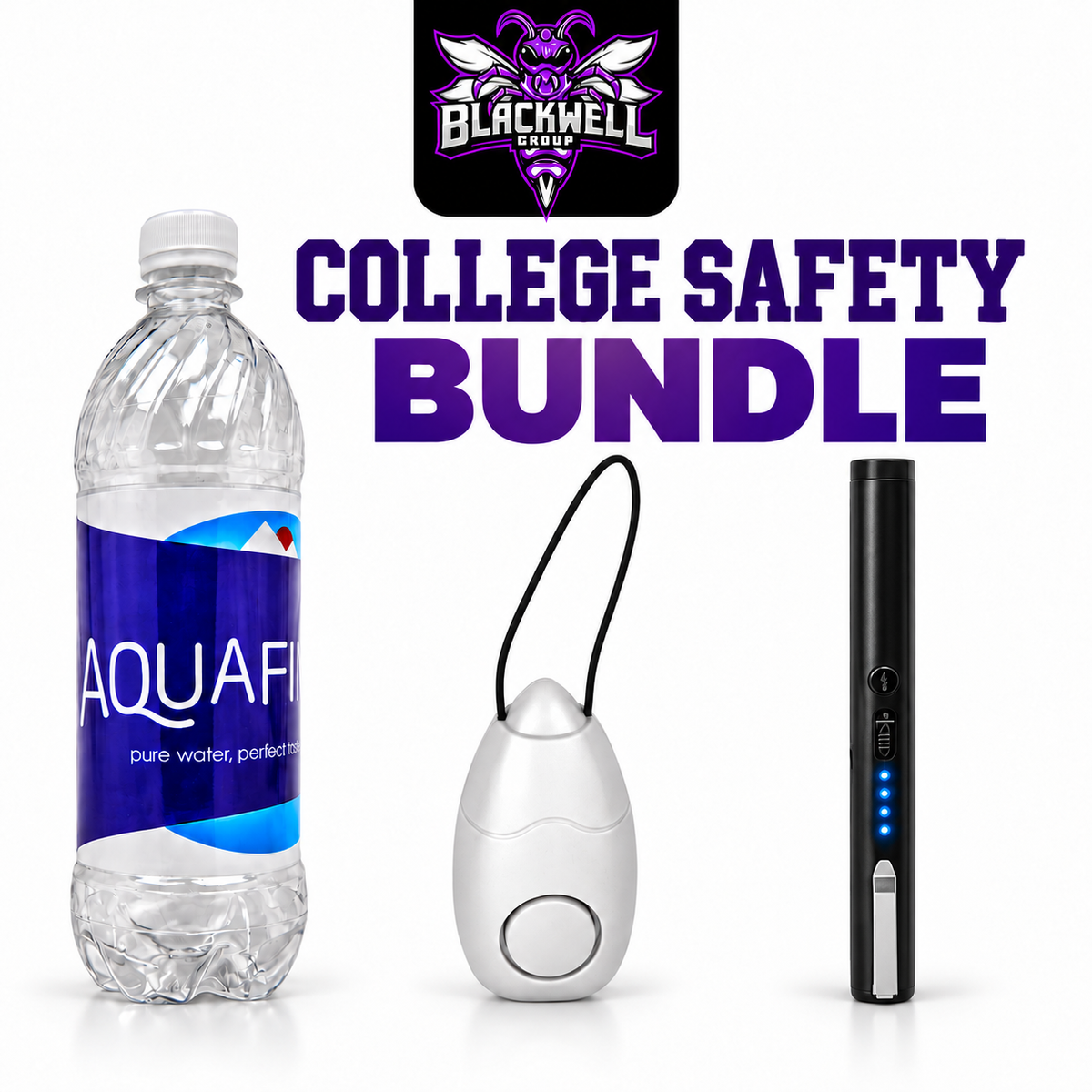 BGI College Safety Bundle: Black Stun Pen, White Door Guard Alarm, and Water Bottle Diversion Safe