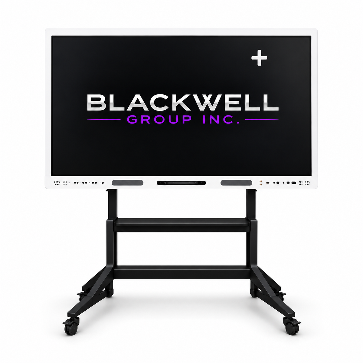 Montavue 65” 4K Interactive Smart Display (PB-PRO-65) – Commercial Collaboration & Surveillance Integration on rolling stand against white.