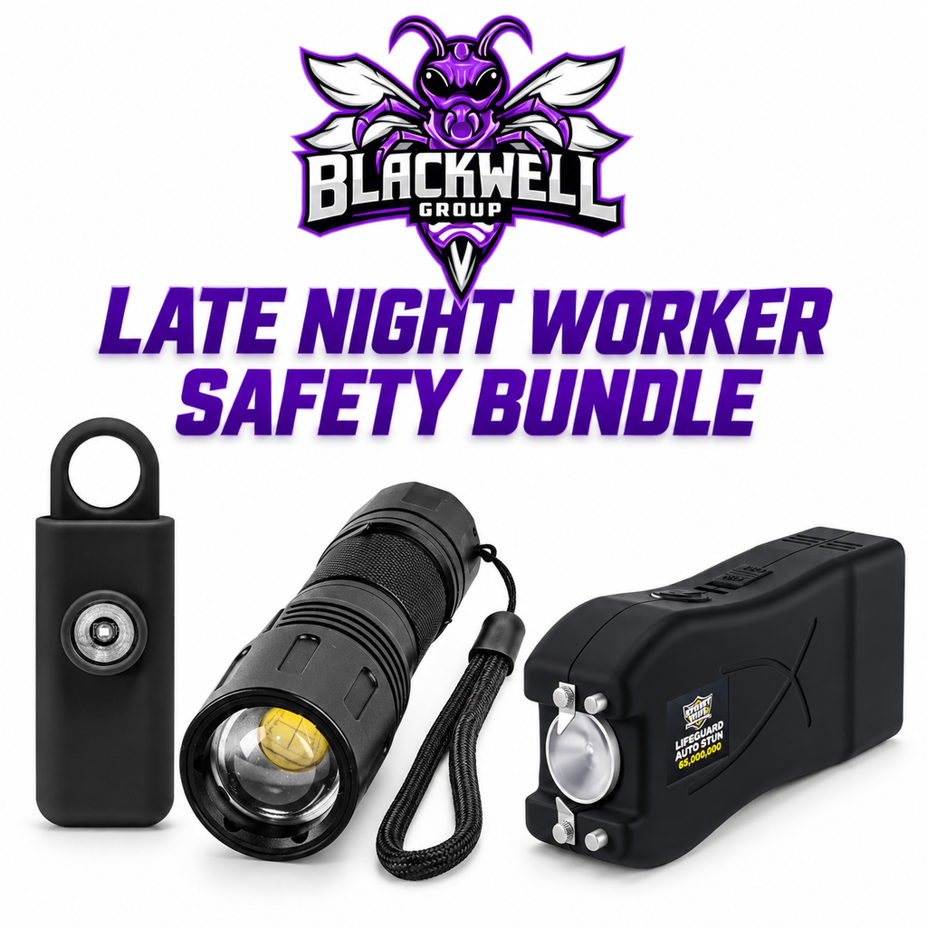 BGI Late Night Worker Safety Bundle with black strobe personal alarm, zoomable flashlight, and black Streetwise Lifeguard stun device.