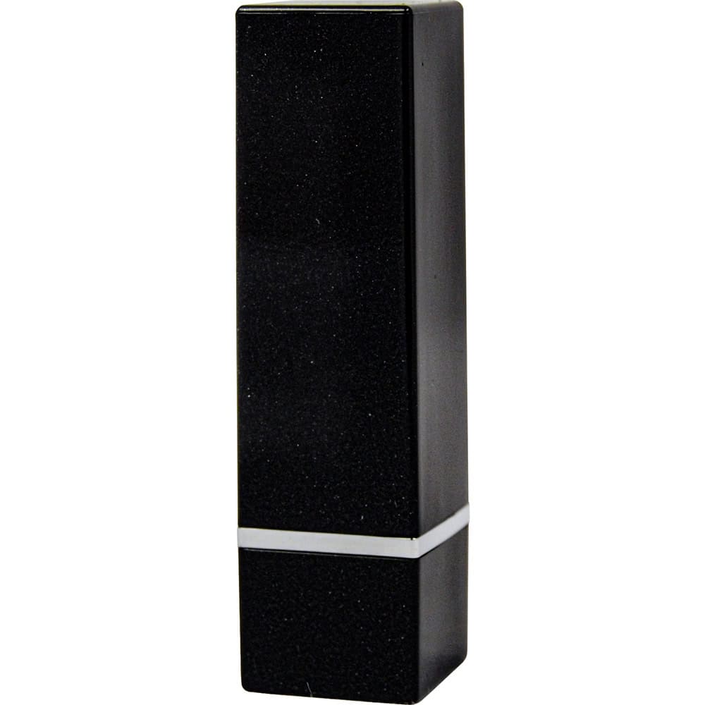 Black lipstick-style personal alarm with silver band on a white background.