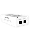Montavue MACINJ60 PoE injector with Data IN and PoE OUT ports on white.