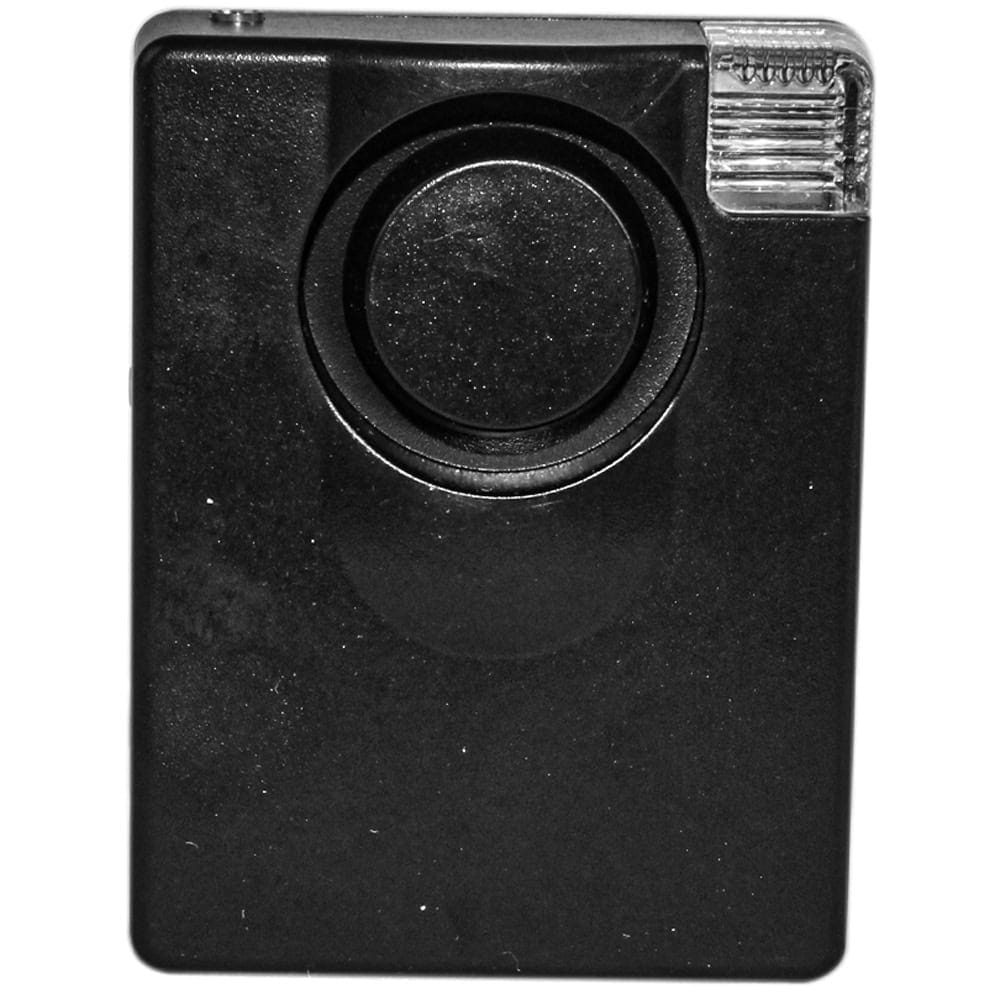 Black 3-in-1 personal alarm with round alarm button and flashlight on a white background.