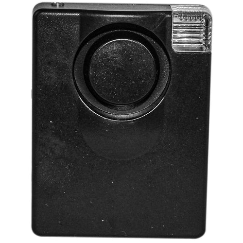 Black 3-in-1 personal alarm with round alarm button and flashlight on a white background.