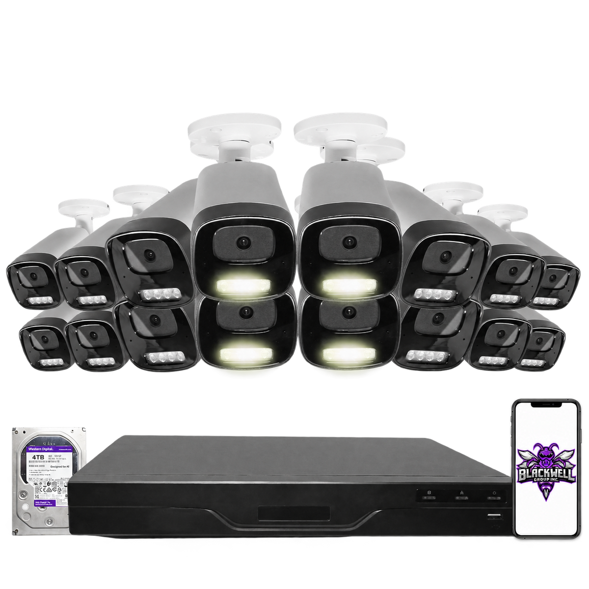 Montavue 4MP Smart Light Bullet Bundle (MNB-4-101) | 16-Channel Pro NVR + 4TB — BGI logo on phone screen