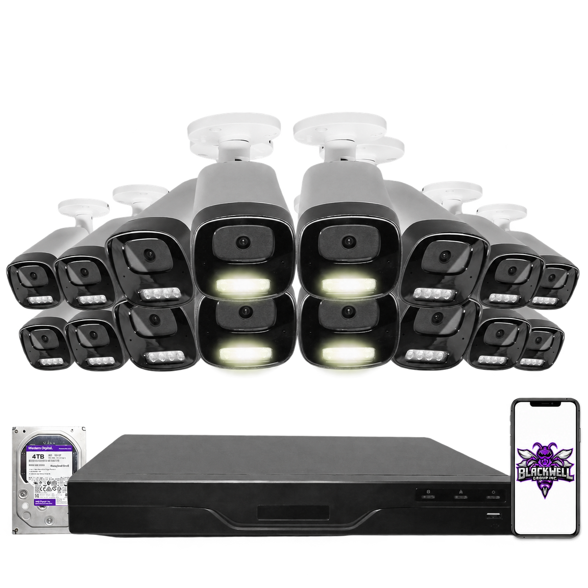Montavue 8MP Smart Light Bullet Bundle (MNB-8-101) | 16-Channel Pro NVR + 4TB — BGI logo on phone screen