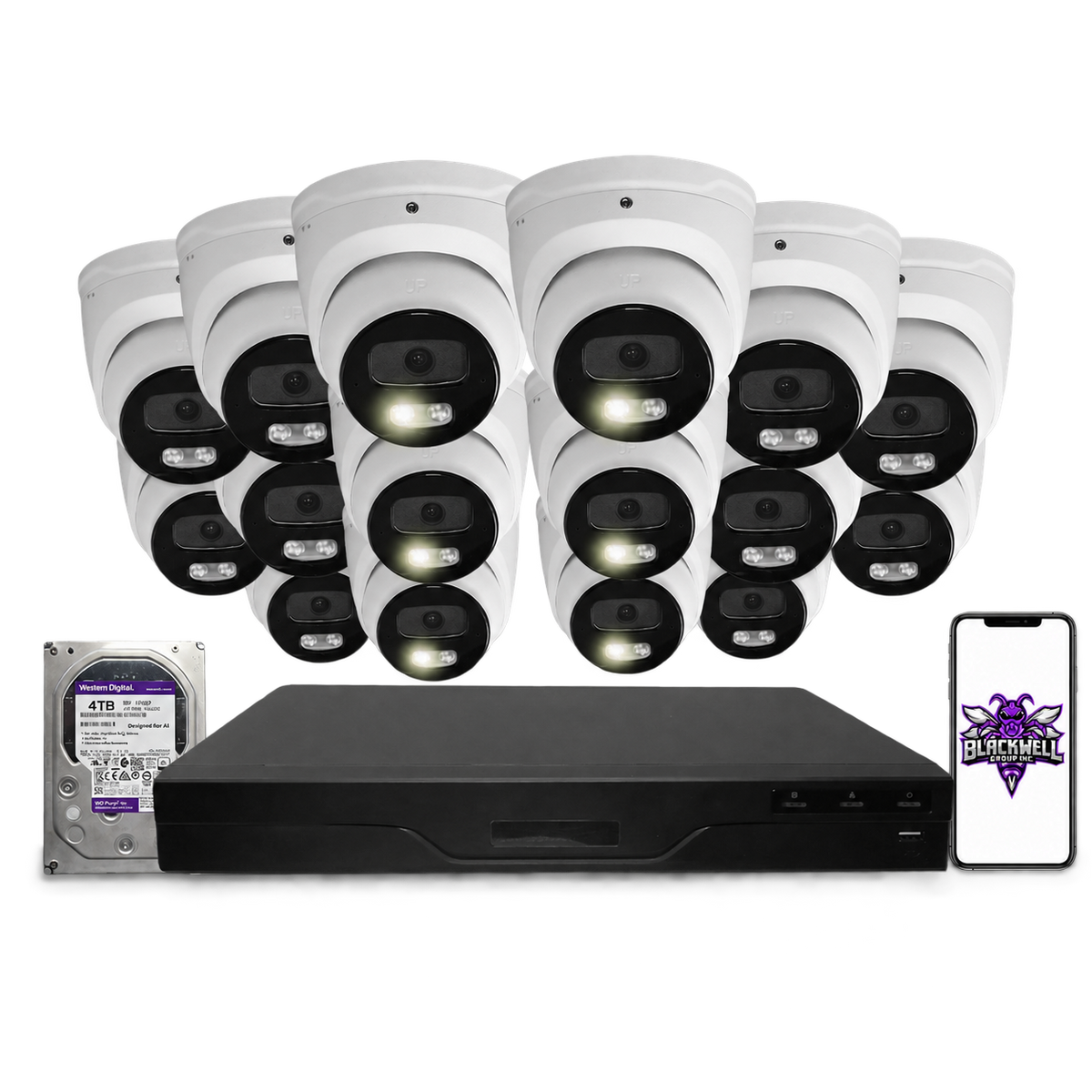 Montavue 8MP Smart Light Turret Bundle (MNT-8-101) | 16-Channel Pro NVR + 4TB — BGI logo on phone screen