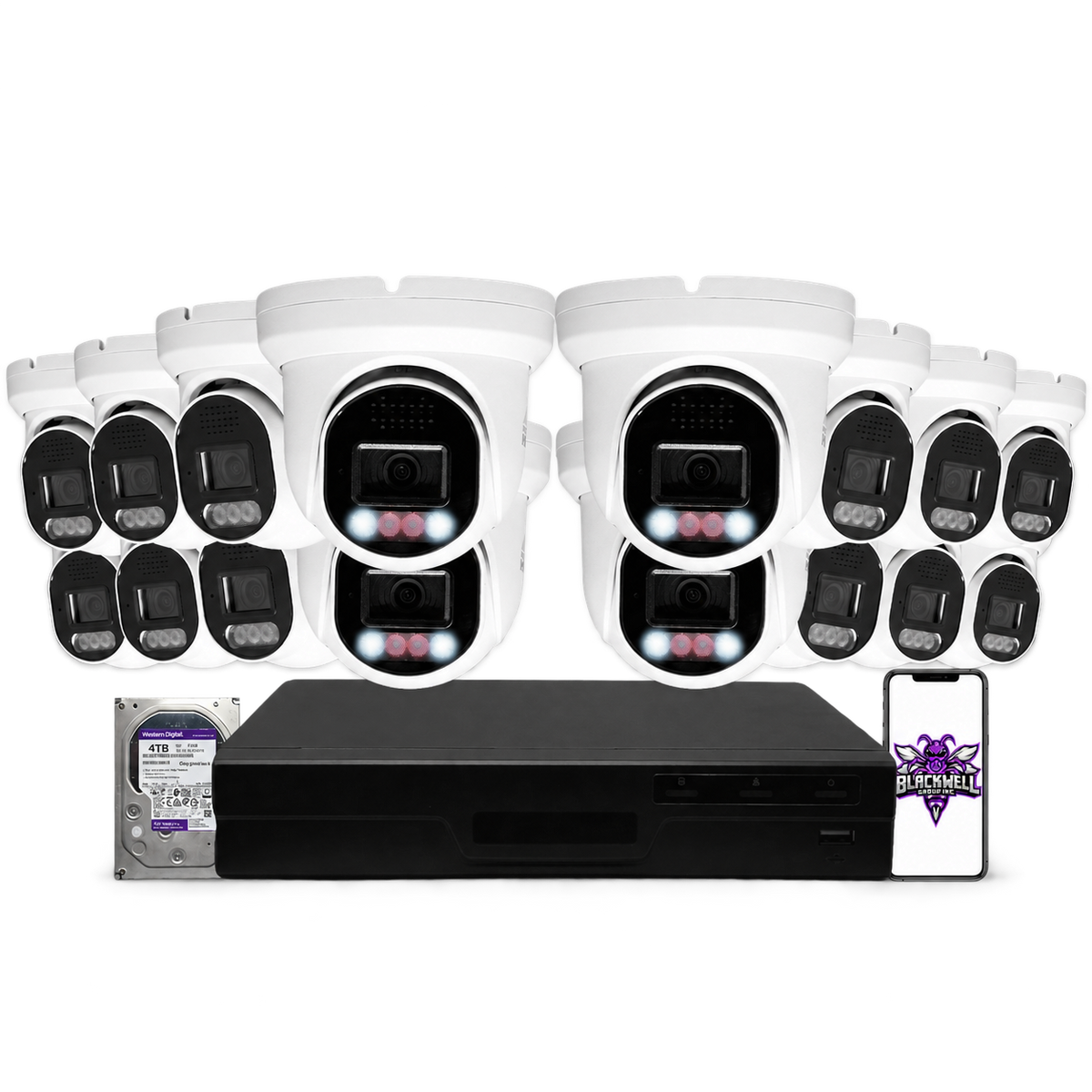 Montavue 8MP Home Smart Light Turret Bundle (MHT-8-101) | 16-Channel Pro NVR + 4TB — BGI logo on phone screen