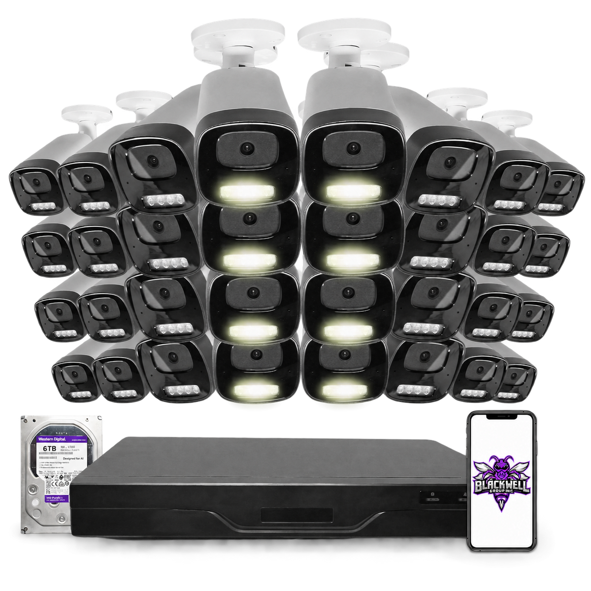 Montavue 8MP Smart Light Bullet Bundle (MNB-8-101) | 32-Channel Pro NVR + 6TB — BGI logo on phone screen
