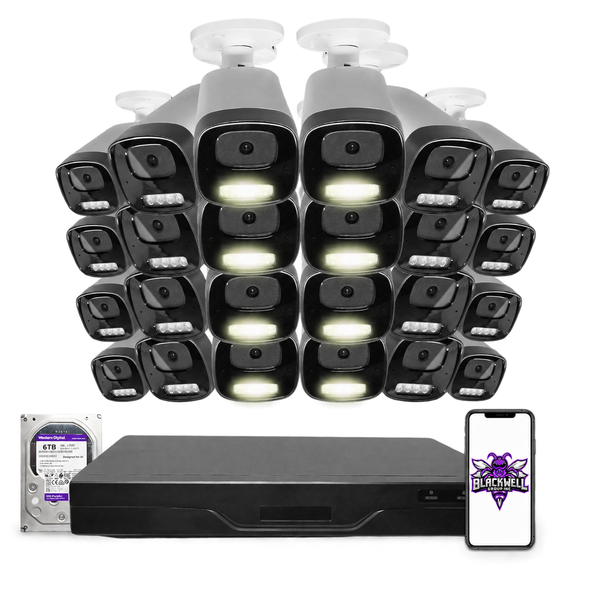 Montavue 8MP Smart Light Bullet Bundle (MNB-8-101) | 32-Channel Pro NVR + 6TB — BGI logo on phone screen