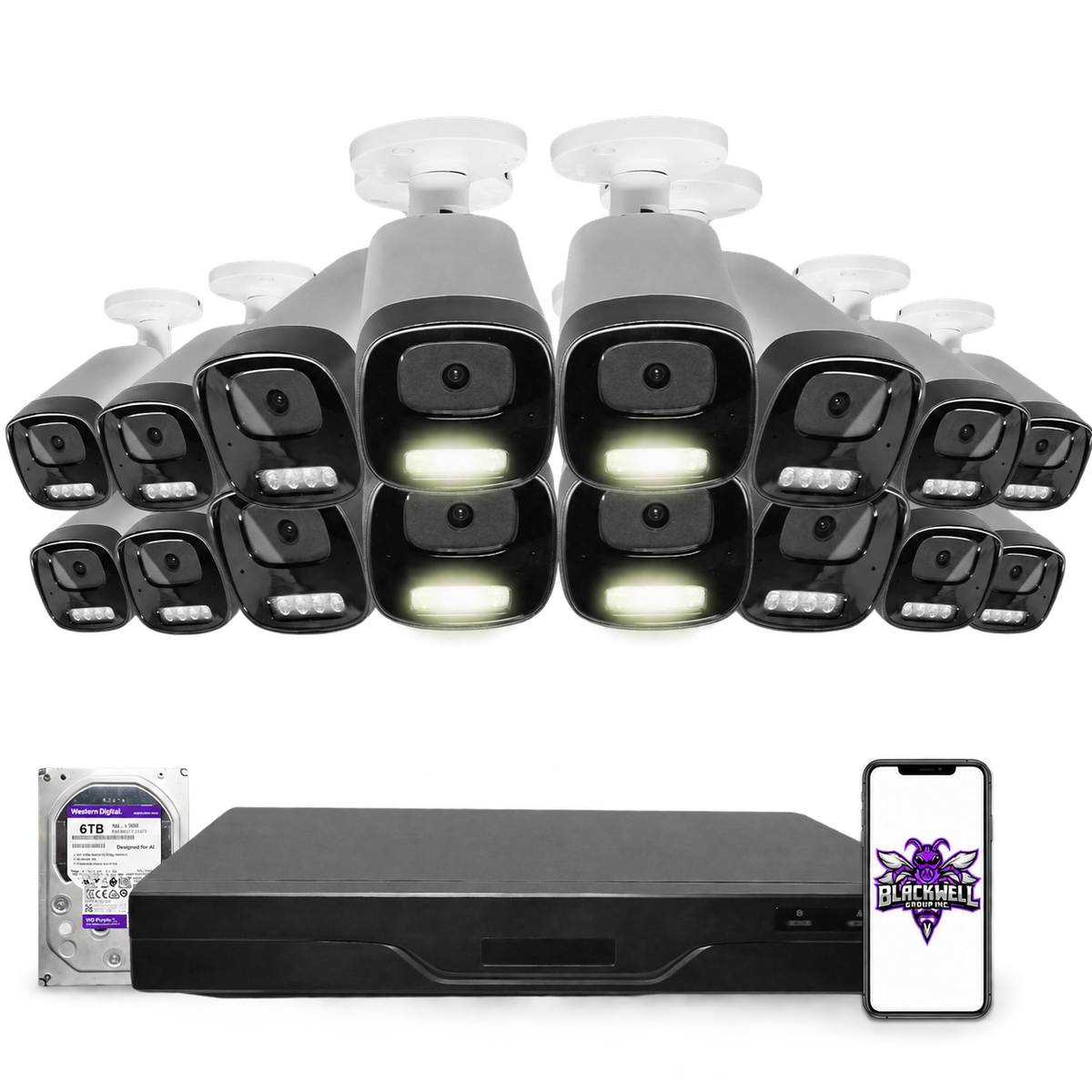 Montavue 8MP Smart Light Bullet Bundle (MNB-8-101) | 32-Channel Pro NVR + 6TB — BGI logo on phone screen