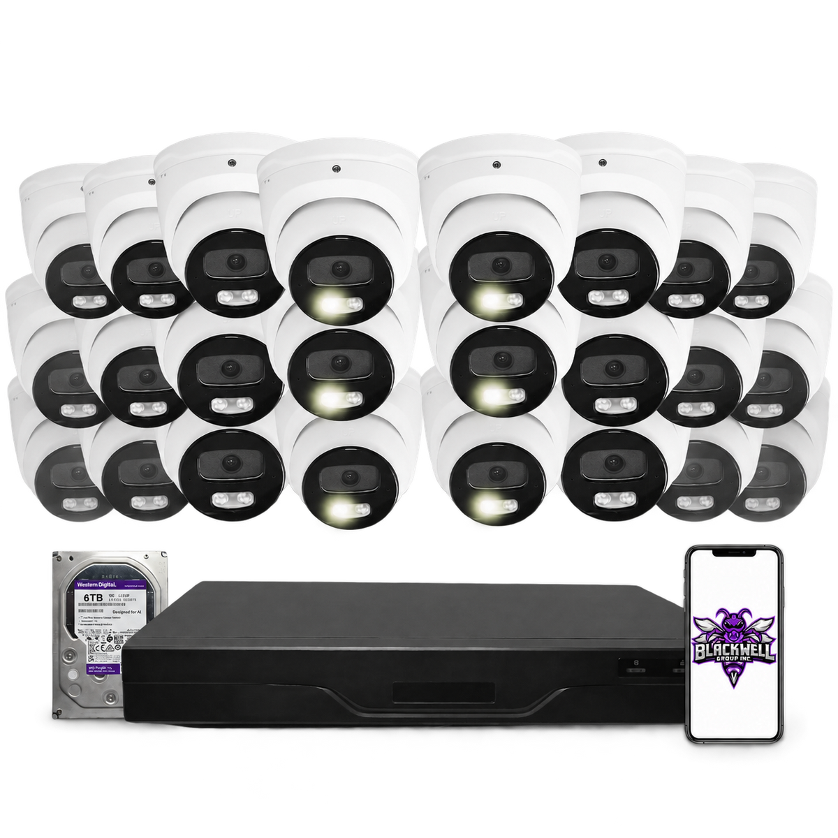 Montavue 8MP Smart Light Turret Bundle (MNT-8-101) | 32-Channel Pro NVR + 6TB — BGI logo on phone screen