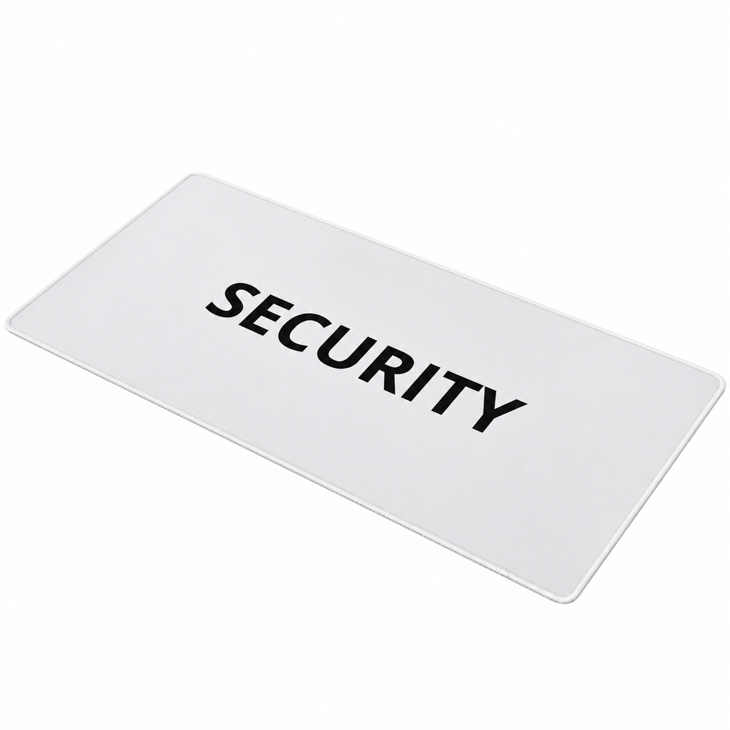 White SECURITY desk mouse pad on a white background.