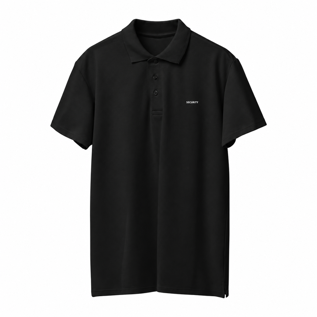 Black SECURITY polo shirt on a white background.