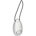 White portable door guard alarm with black hanging cord on a white background.