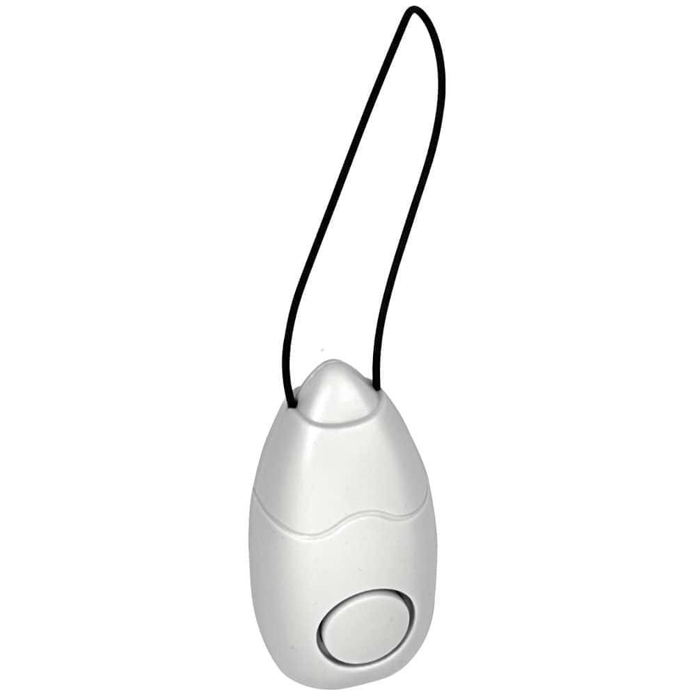 White portable door guard alarm with black hanging cord on a white background.