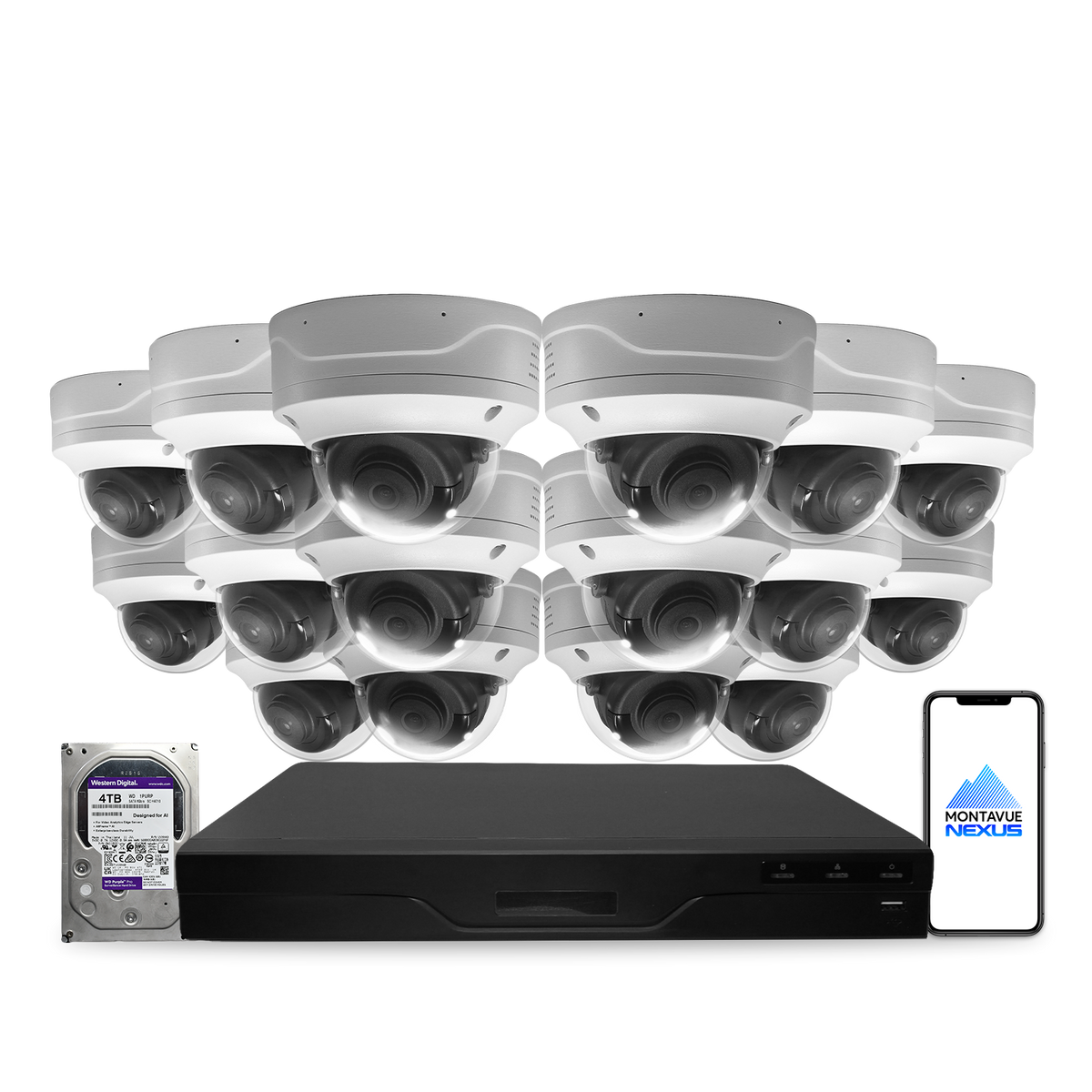 Montavue 4MP Vandal-Proof Dome Bundle (MND-4-101) | 16-Channel Pro NVR + 4TB — original supplier photo; phone-logo edit pending