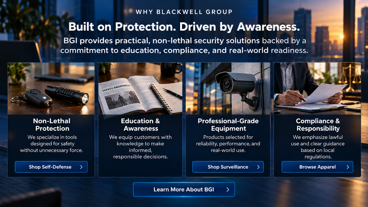 Why Blackwell Group: protection, education, professional equipment, and responsibility, with realistic photography in a blue and warm-lit office.
