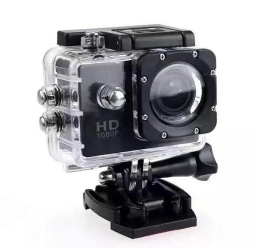 Black action camera in clear protective housing with mounting base.