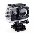 Black action camera in clear protective housing with mounting base.