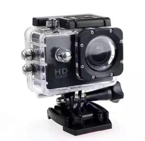 Black action camera in clear protective housing with mounting base.