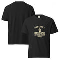 Black cotton T-shirt front and back mockup with walkie-talkie illustration and humorous security slogan.