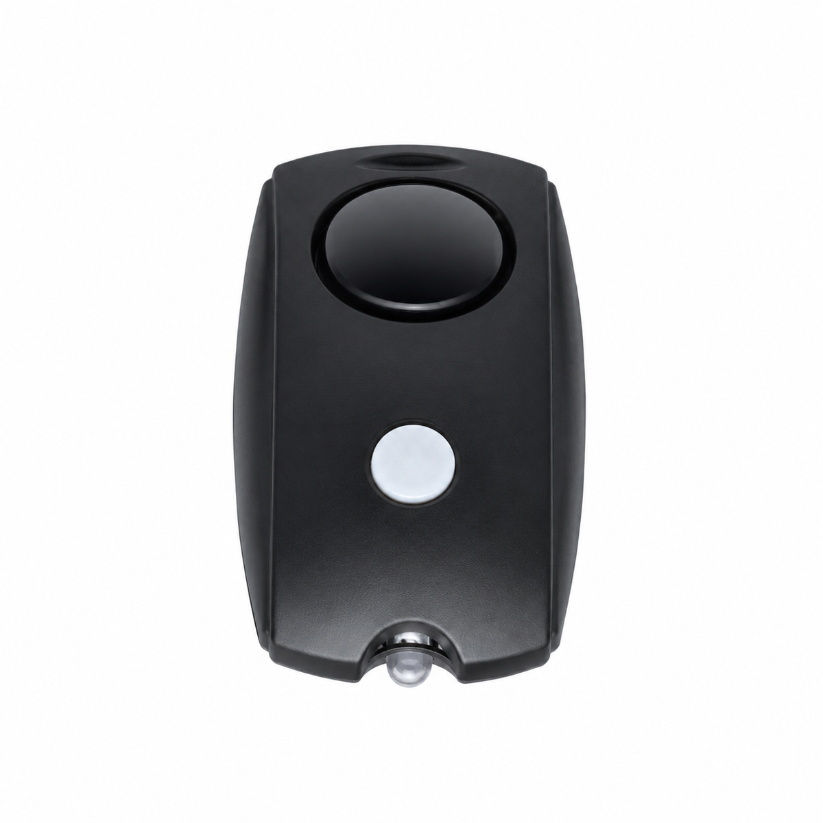 Black mini personal alarm showing alarm button and LED light.