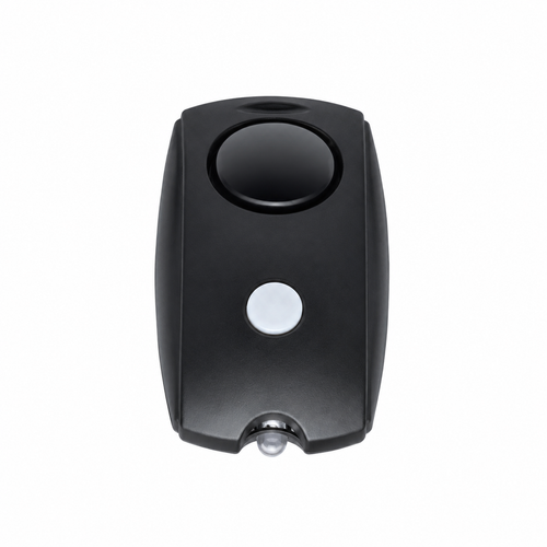 Black mini personal alarm showing alarm button and LED light. Included in the BGI Traveler Safety Bundle.