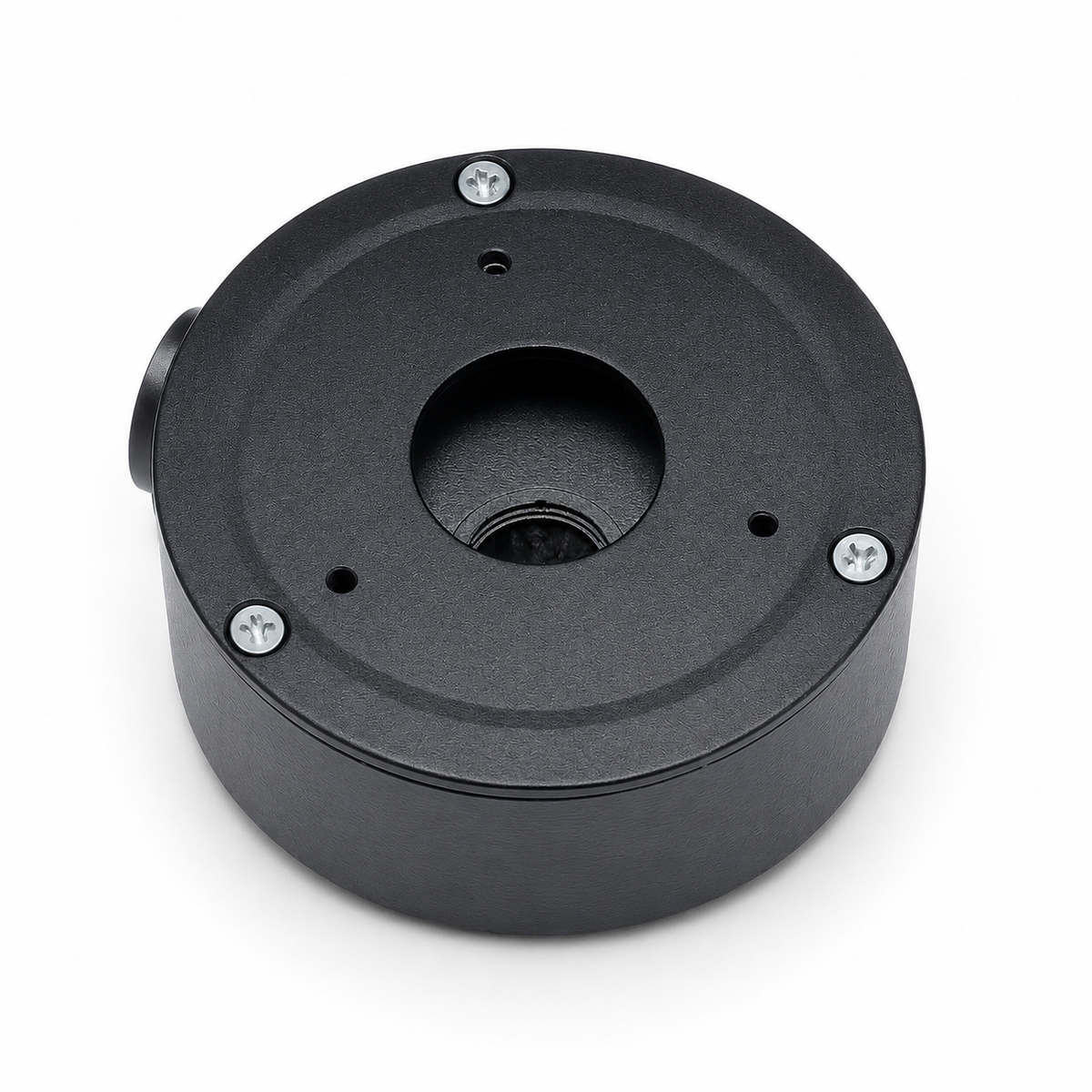 Black Montavue MAM134 junction box showing mounting face and central cable opening.
