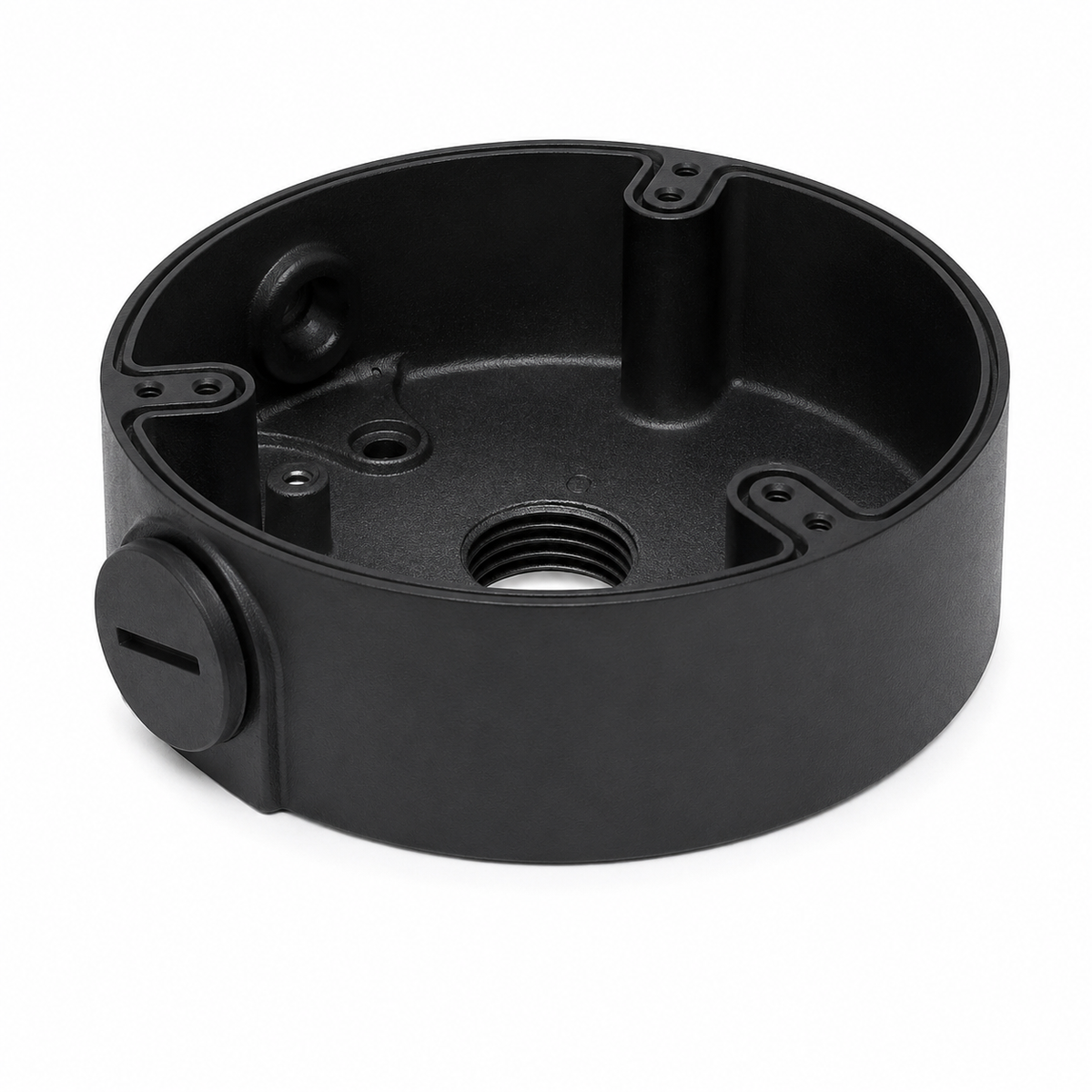 Black Montavue MAM136 junction box showing interior mounting posts and threaded cable opening.