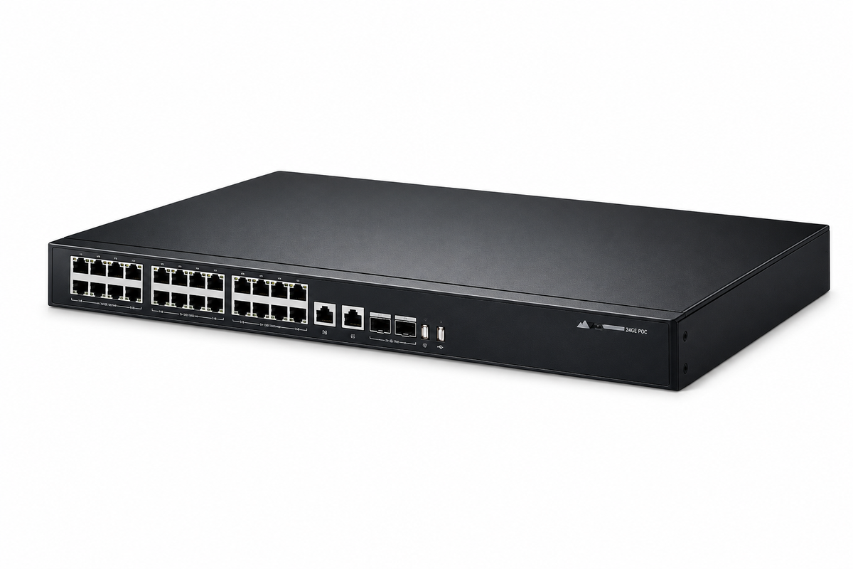 Black Montavue MAS26P240 PoE switch with front Ethernet ports.