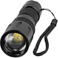 Black Safety Technology zoomable LED flashlight with wrist strap.