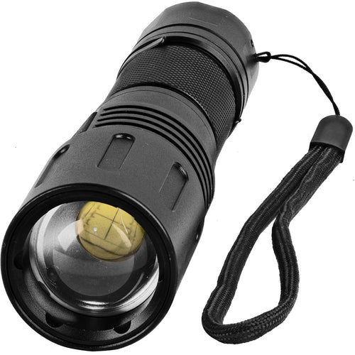 Black zoomable LED flashlight included in the BGI Trucker Safety Bundle.