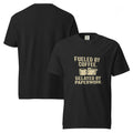 Black T-shirt front and back mockup with Fueled by Coffee Delayed by Paperwork design.