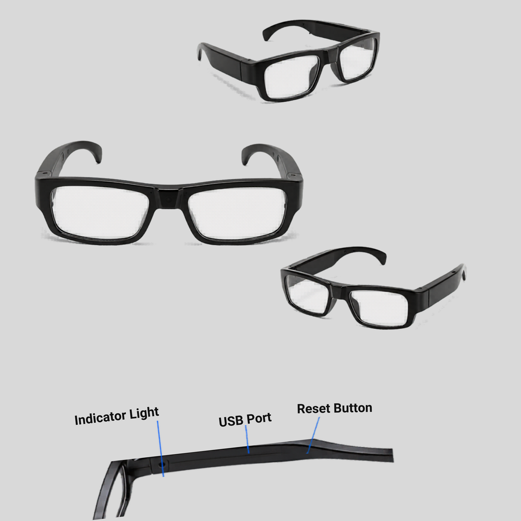 HD camera eyeglasses with built-in DVR shown from multiple angles with indicator light, USB port, and reset button.