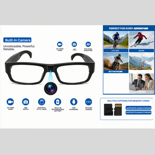 Camera HD eyeglasses with built-in DVR showing discreet camera design, recording features, and product specifications.