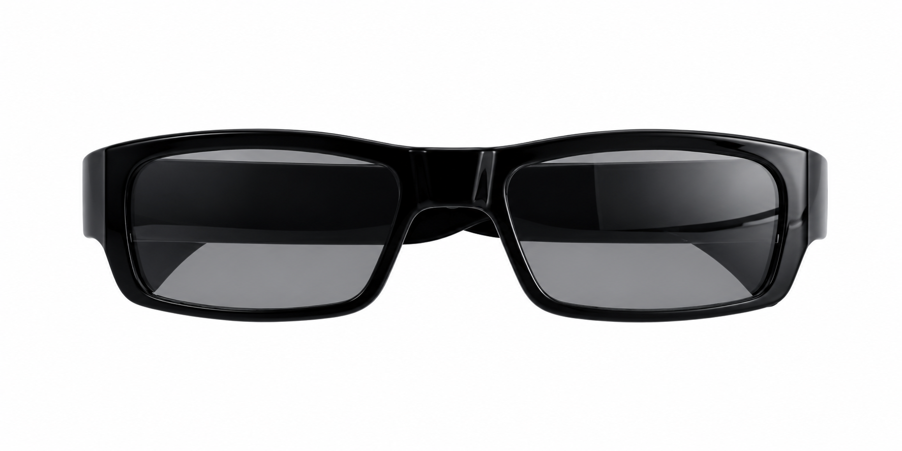 Black HD camera eyeglasses with built-in DVR and discreet recording camera, front view.