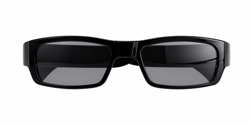 Black HD camera eyeglasses with built-in DVR and discreet recording camera, front view.