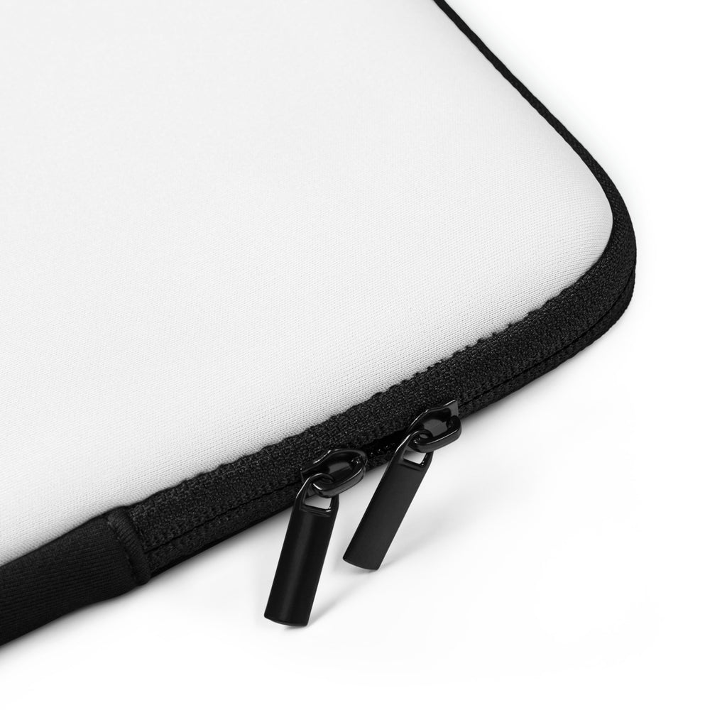 Close-up of black zipper and two zipper pulls on white SECURITY laptop sleeve.